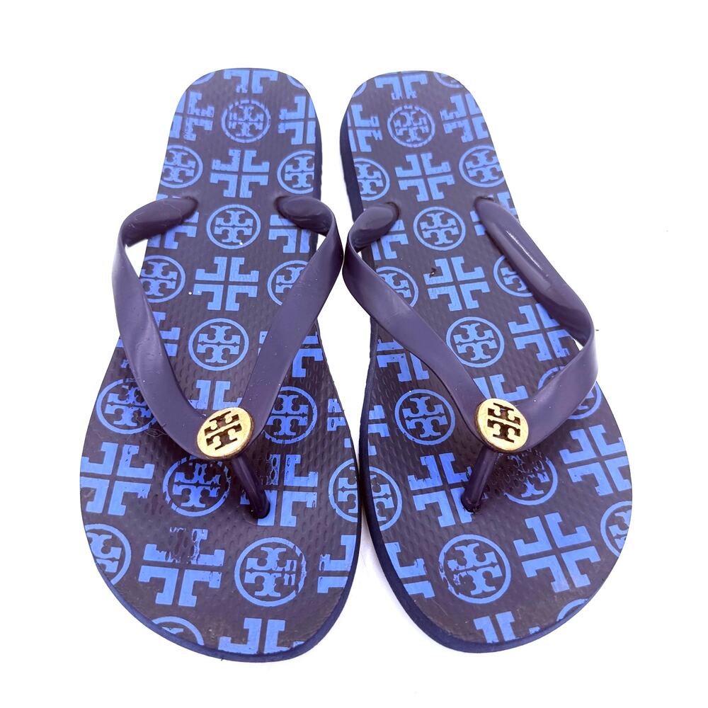 Tory Burch Navy Blue & Gold New Traveler Emblem Thong Flip Flops Sandals Size 9 - Picture 4 of 7